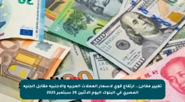 تغيير مفاجئ.. ارتفاع قوي لأسعار العملات العربية والأجنبية مقابل الجنيه المصري في البنوك اليوم الاثنين 29 سبتمبر 2025